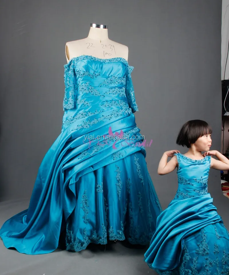 RSW766 Off The Shoulder Long Lace Sleeved Pleated Satin Plus Size Royal Blue Wedding Dresses For Big Women And Baby Girl