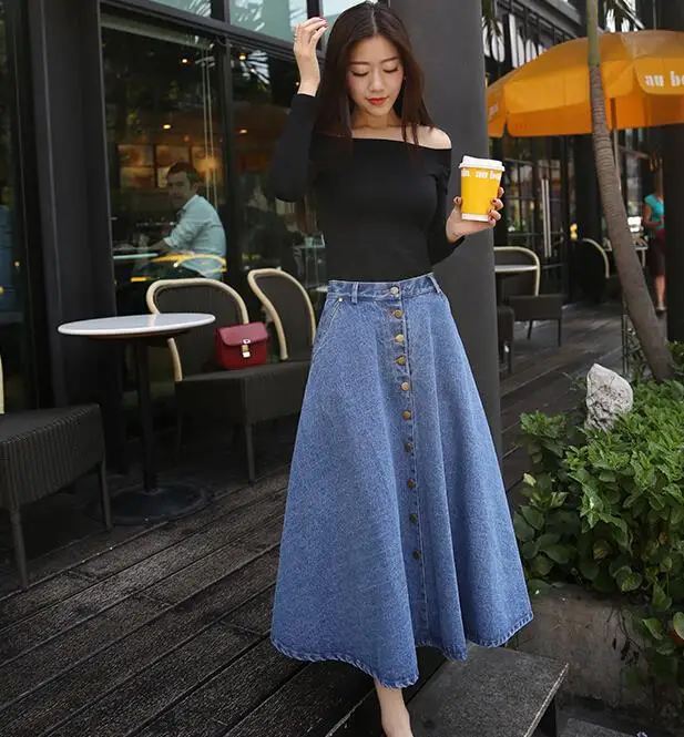 Fashion Women A Line Denim Maxi Skirt Wholesale Long Denim Skirts