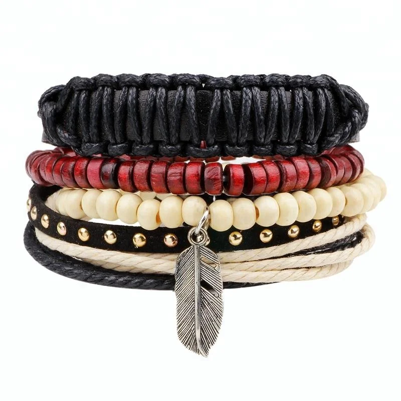 Bohemia Women Men Wood Beads Alloy Feather Charm Layers Rope Stretched Leather Bracelet