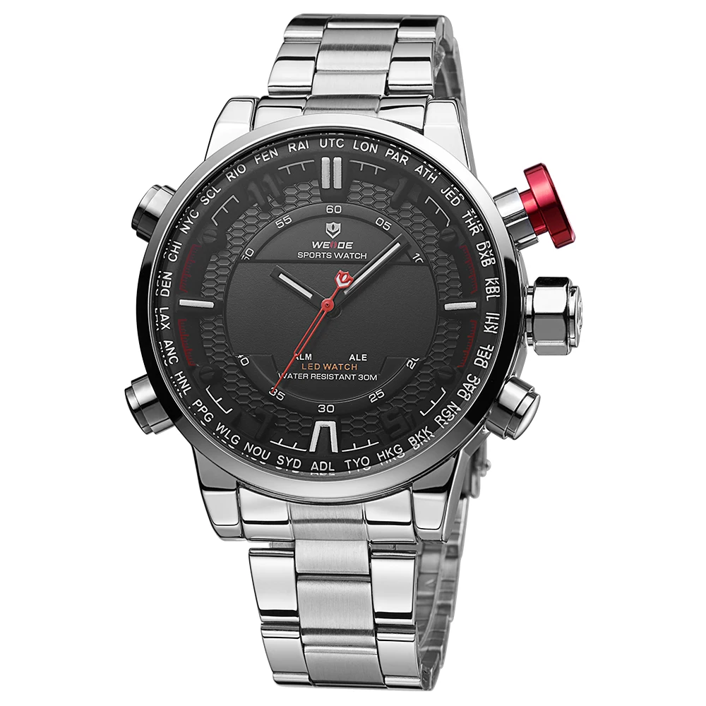 2018 WEIDE IP Silver Stainless Steel LED Clock, LED Display Wristwatches WH6402 for men