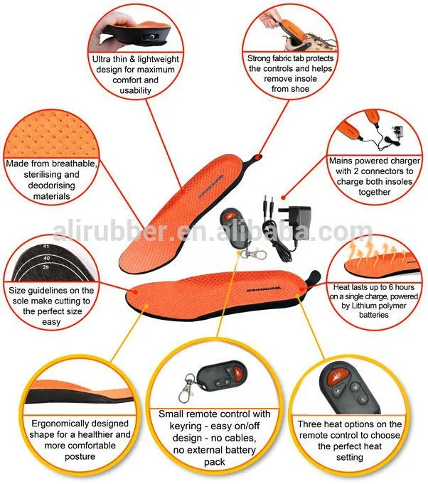 3.7v@1800mAh Remote control Li-ion battery heated insoles, battery heated insoles