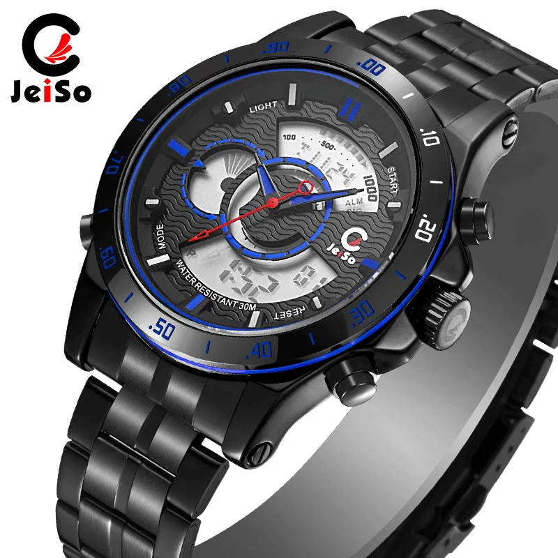JeiSo Quartz Multifunctional Sports Alloy Watch Genuine Waterproof Dual Display Movement LCD White Steel Band