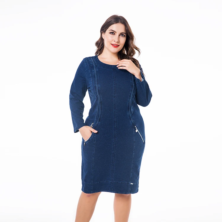 
2019 spring high end blue denim long sleeve women mid plus size denim dresses 