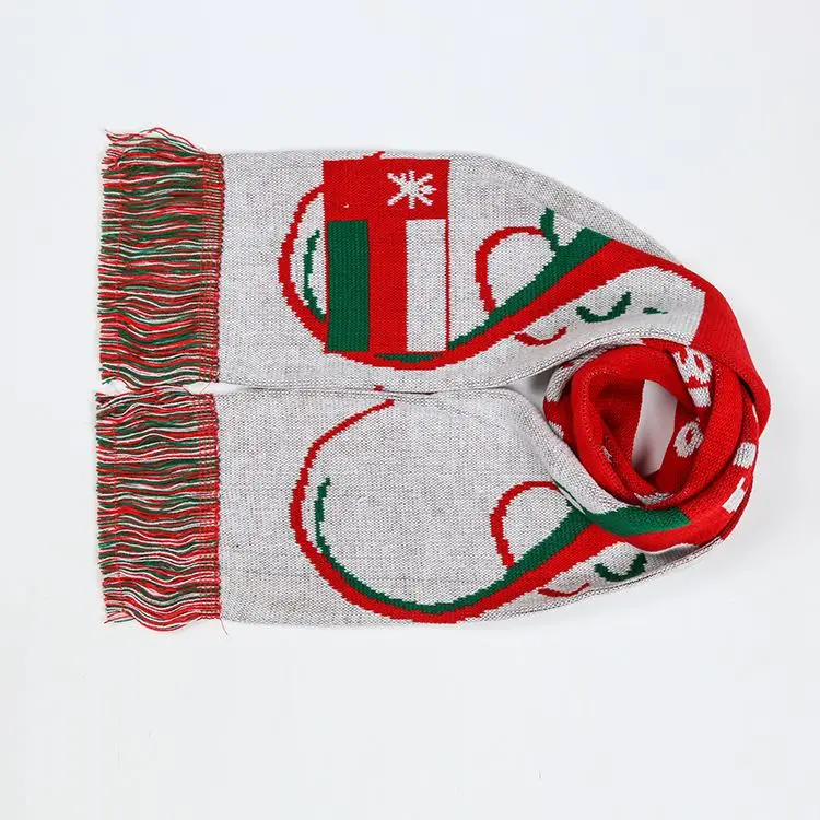 Оптовая продажа, шарф с логотипом на заказ, акриловый вязаный жаккардовый шарф для футбольных фанатов с красной вышивкой, сублимация