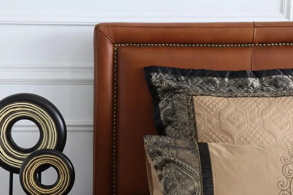 vintage brown leather europe style hotel project  high headboard  king size bed