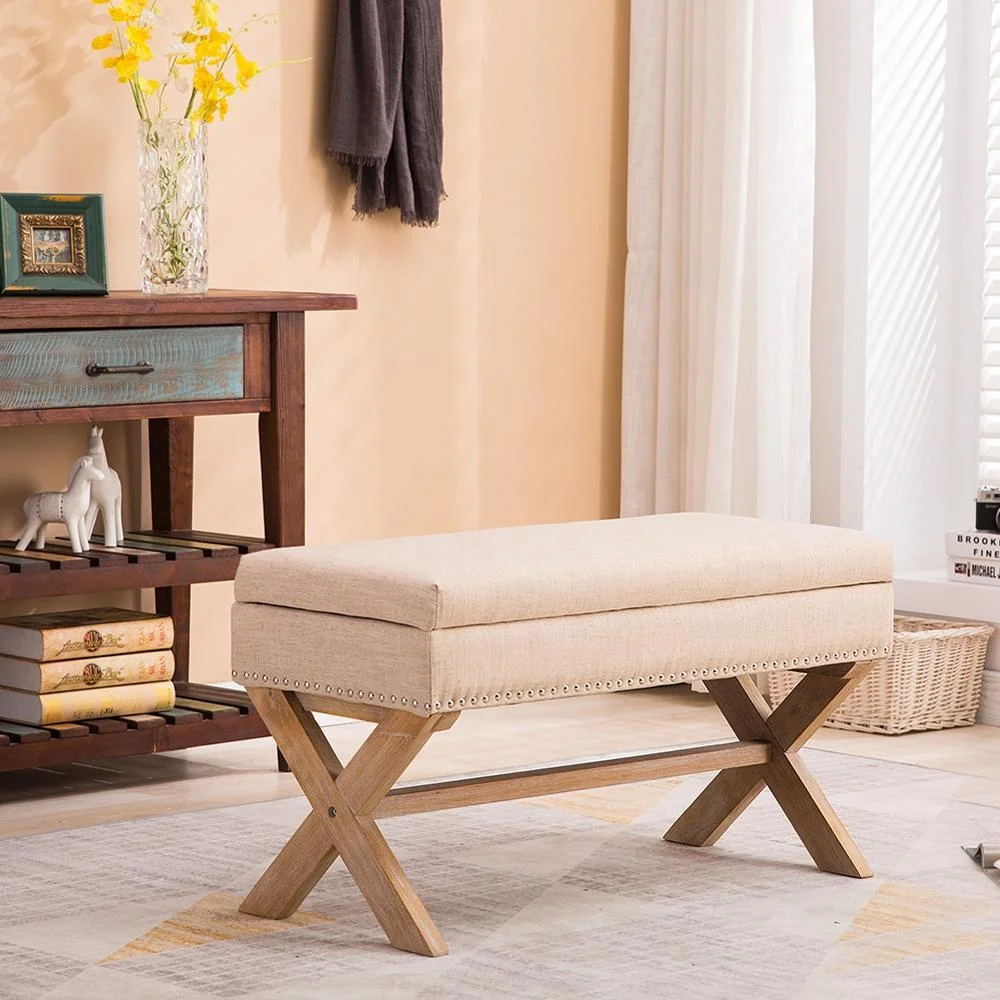 Wholesale Low Price Rubber Wood Legs Linen Fabric Rectangle Storage Ottoman Bench