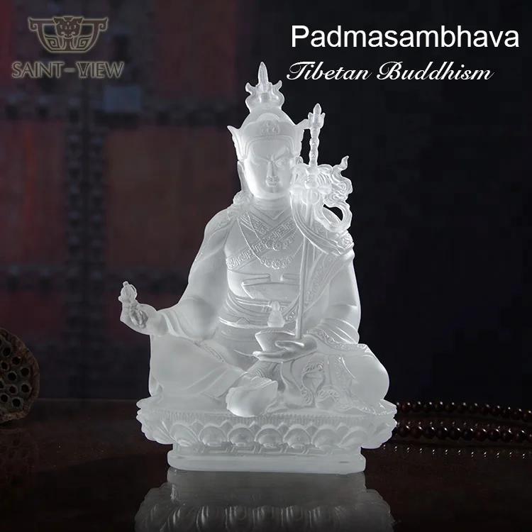 Majestic Colored Glass Liuli Vajrayana Buddha Statue Padmasambhava Sculpture H12cm