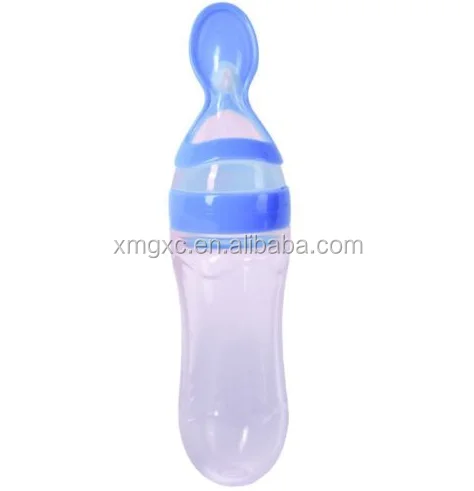 Infant baby silicone feeding bottle with spoon