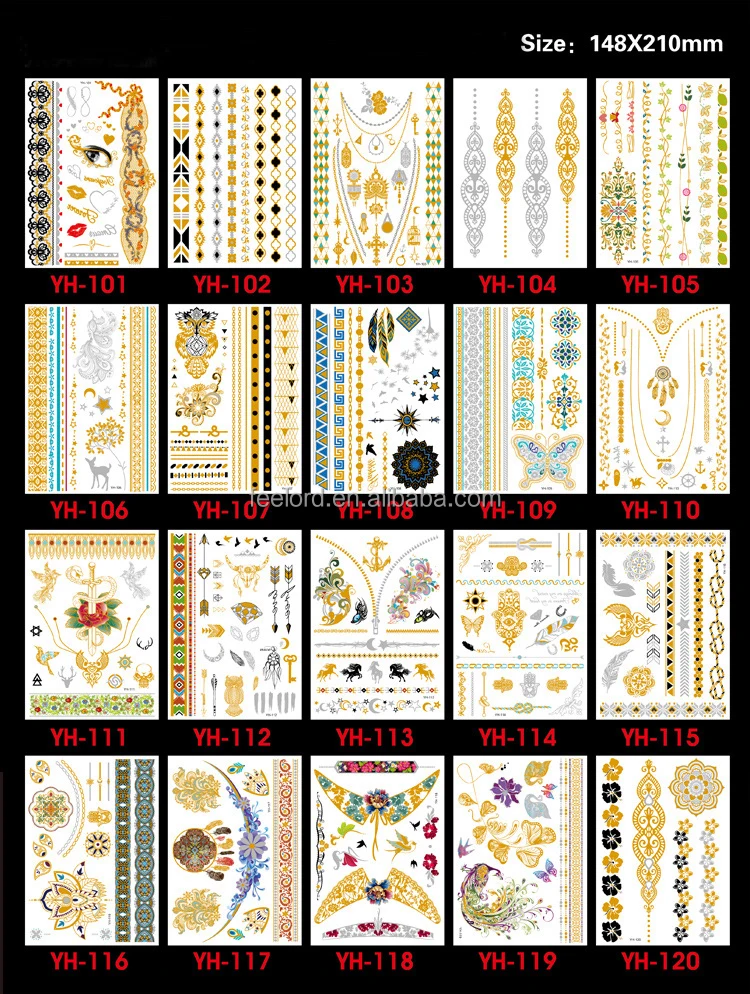 high quality non-toxic waterproof body metallic gold temporary tattoo 120 designs part 5 water transfer metallic tattoo sticker