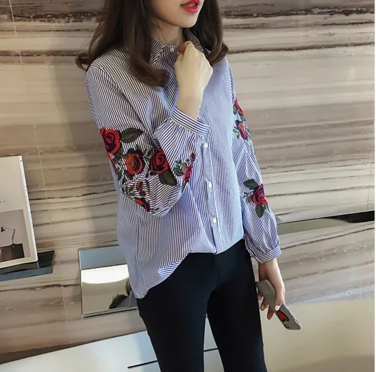 Spring and summer new han fan big code loose fashion stripe embroidery blouse