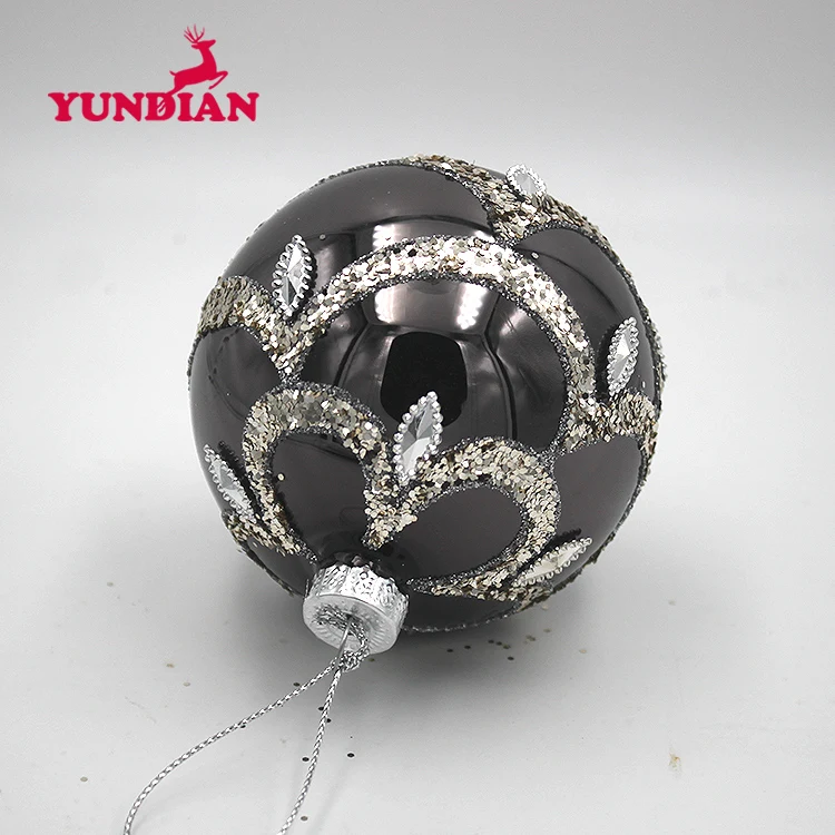 Factory Wholesale Blown Hand Painted Glossy Shiny Black Hanging Christmas Bauble Glass Ball Ornaments For Xmas Tree Decoration