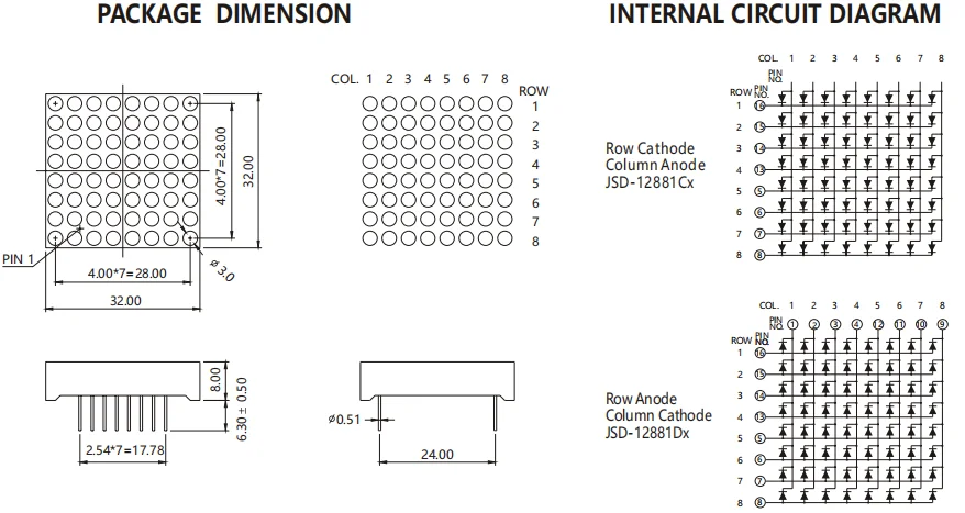 Матрица с ходовым отверстием 1,2 дюйма 3 мм 8x8 rgb светодиодный дисплей