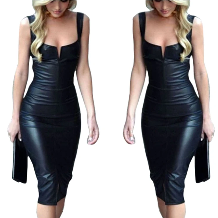 
2019 Hot Sales Explosions Sexy Black Sleeveless Slim Leather Skirt Spaghetti Strap Women Bodycon Soft Pu Leather Dress 