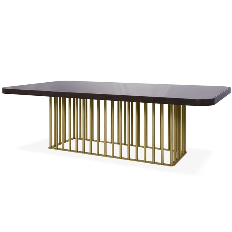 French Minimalist style 8 seater gold stainless steel metal legs solid wood  top square dining table