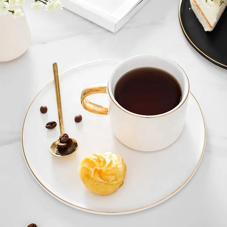 
Hot selling stylish luxury gold handle ceramic coffee mug and dessert plate 