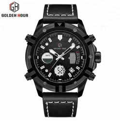 GOLDENHOUR sport watch countdown timer Leather Strap Waterproof Sport Chronograph Military Army watches For Men