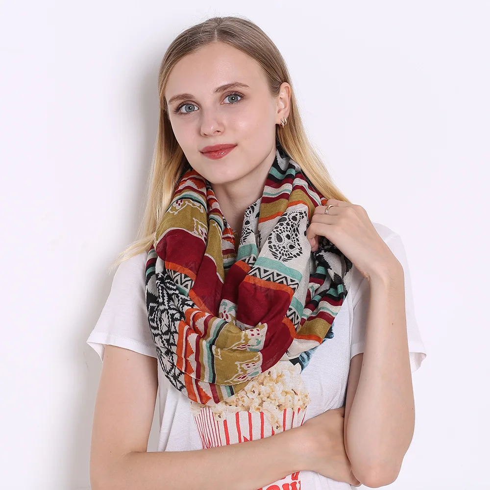 Cenrui Womens Double Hidden Zipper Pocket Infinity Loop Scarf Boho Style Floral Striped Printed Contrast Color Wrap Shawl