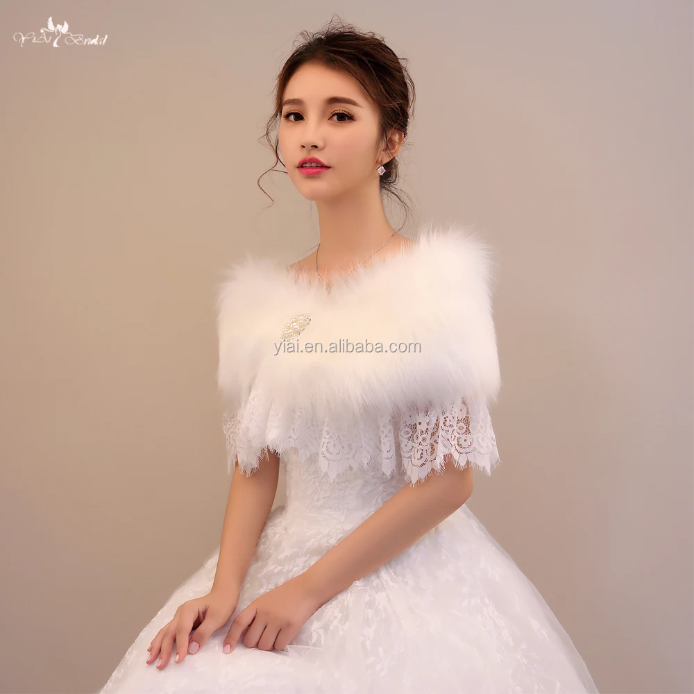 
LZP190 Beautiful Off Shoulder Wedding Shawls White Fur Bolero And Lace Winter Wedding Cloak 