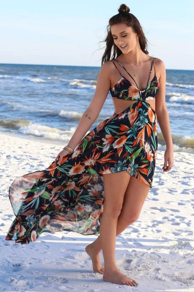 Bohemian style woman beach dress floral printed deep neck spaghetti strap maxi dress ladies sexy chiffon beach dress