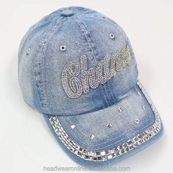Fashion Custom Bling Rhinestone Washed Denim Baseball Cap 6 Panel Women Curved Brim Fitted Hat