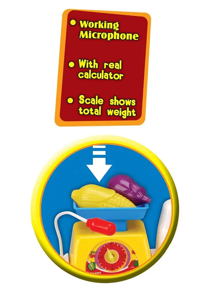 Supermarket Cash Register Play Set with Checkout Scanner, Weight Scale, Microphone, Calculator, Play Money, and Food