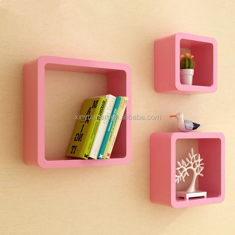 Beautiful model cube wall shelf with round corner set 3 wooden home dispaly shelf