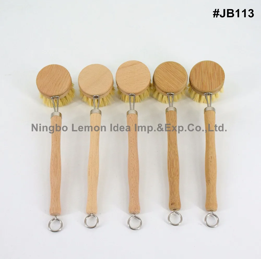 
customized natural bamboo wooden kitchen dish brush with tampico brush refill head 