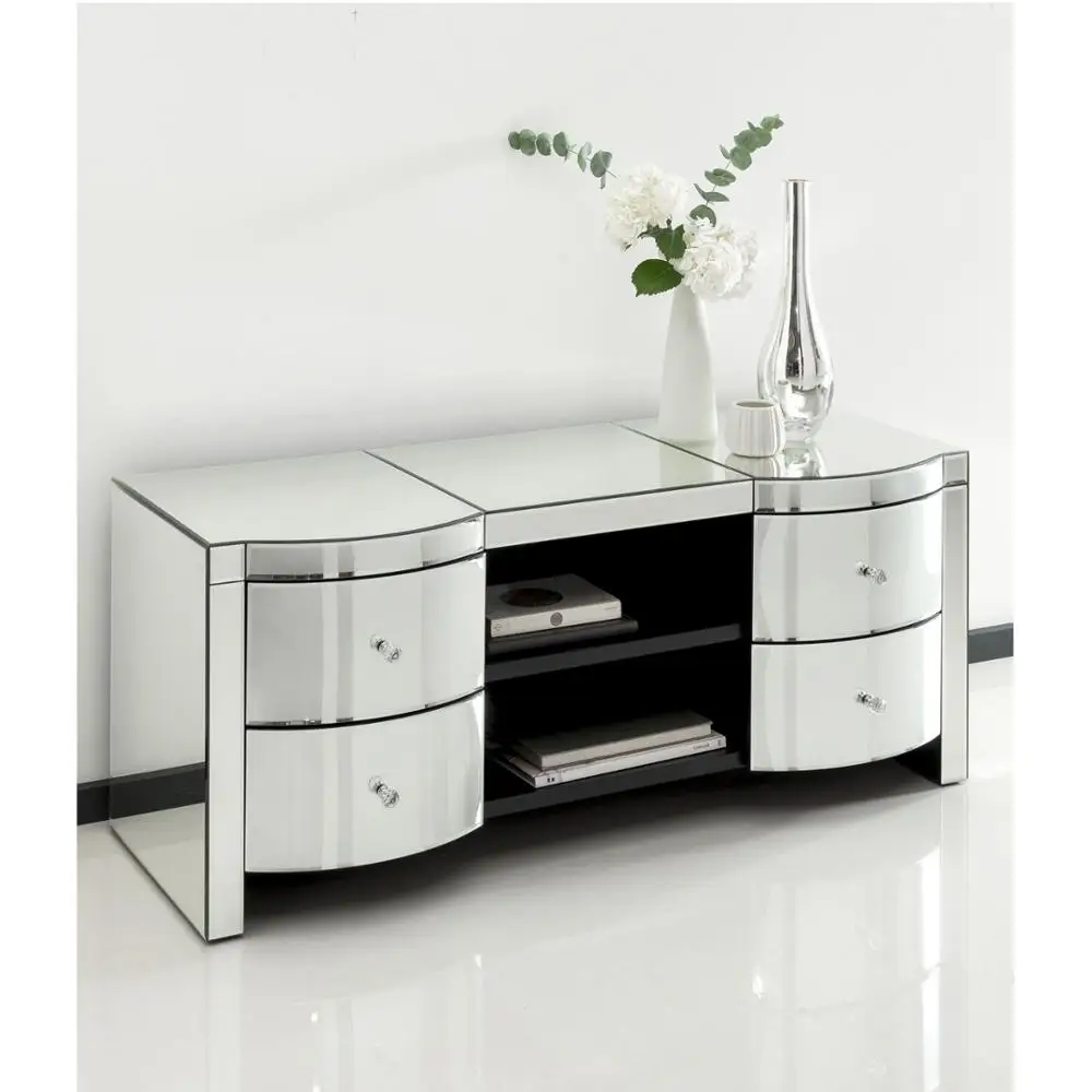 Romano Crystal Curved Mirrored TV Stand Living Room Cabinet Buffet