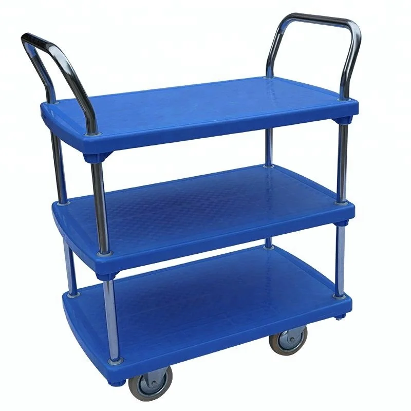 
4 wheeled 2 shelf heavy duty industrial Plastic platform truck Platform Trolley 