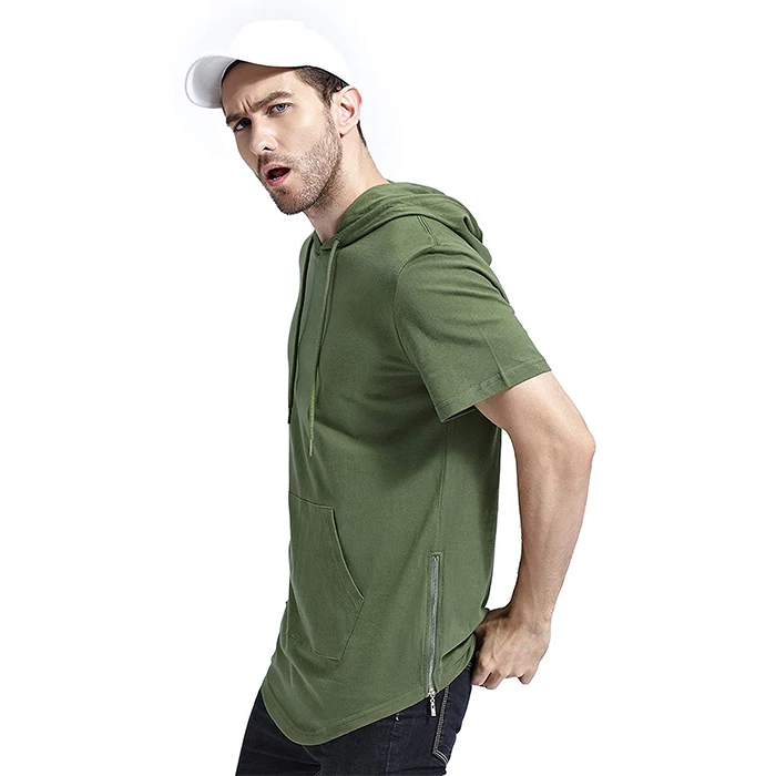 Hipster Hip Hop Elong Longline Hoodie Side Zipper Stretchy Short Sleeve Curved Hemline Gym Tshirt Hoodies