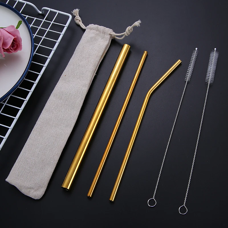 Colorful Gold Rose Gold Copper Reusable Stainless Steel Drinking Straws Set with Bag and Cleaning Brush