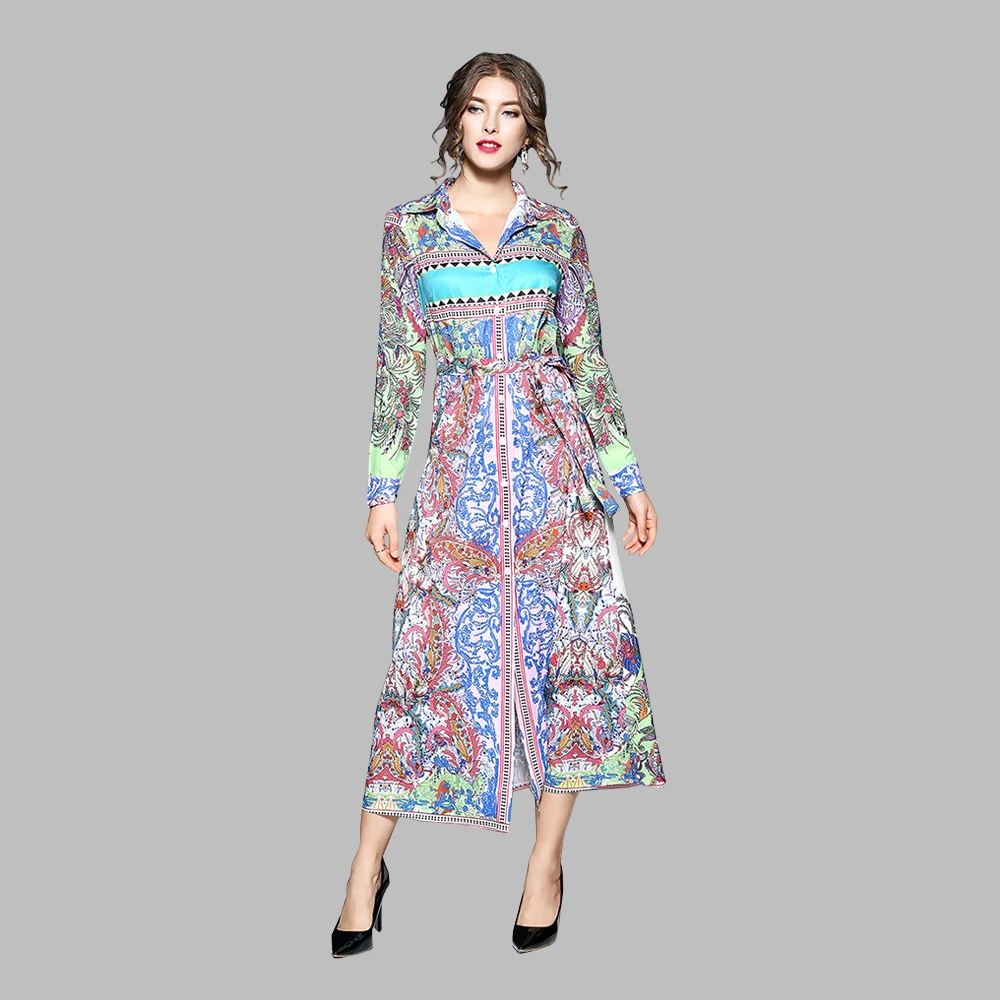 Latest fashion lapel printing ladies dresses for party