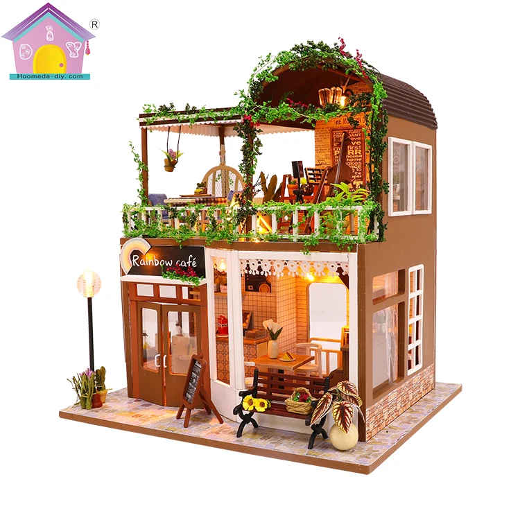 Crafts Wooden Doll House Mini Wooden Diy Indoor Home Color Box Wood with Light Picture Color Furniture Toys Set Rainbow Cafe