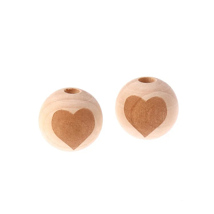 Wholesale Eco-Friendly Laser Engraving Heart Pattern Round Teething Beads Wood