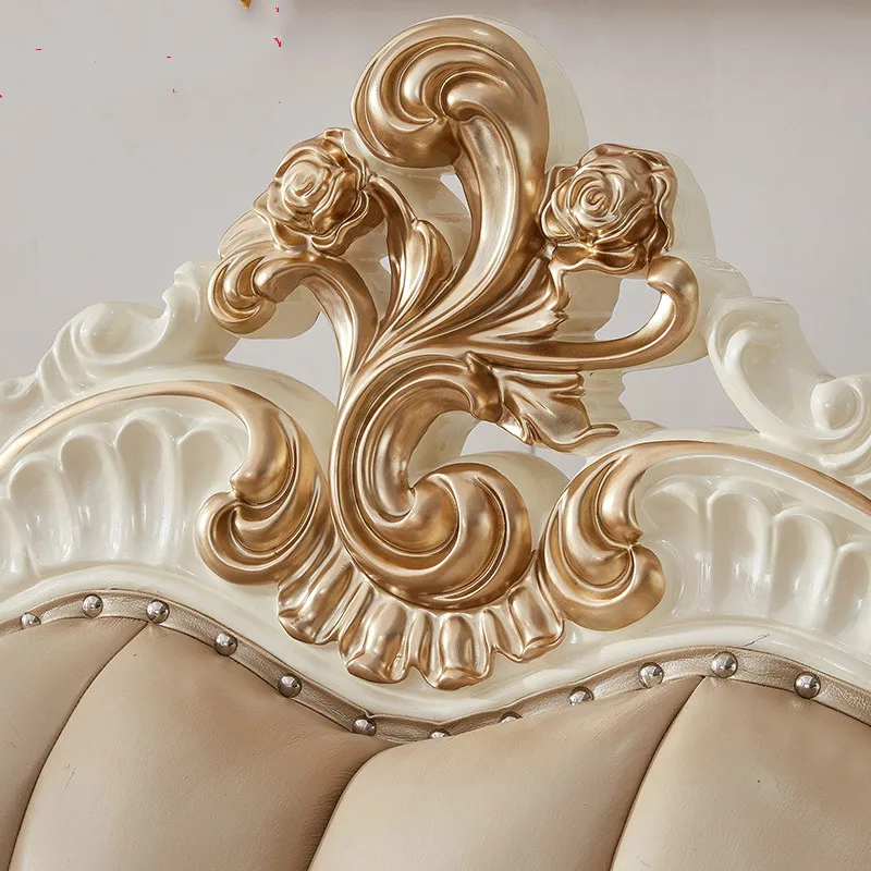 Golden Color Luxury Royal Style Home Furniture Genuine Leather Sofa With Carved Wood