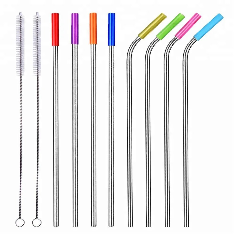 
Wholesale Custom Logo Reusable Stainless Steel 304 Drinking Straws Metal Straw with Silicone Tips & Cleaning Brush 