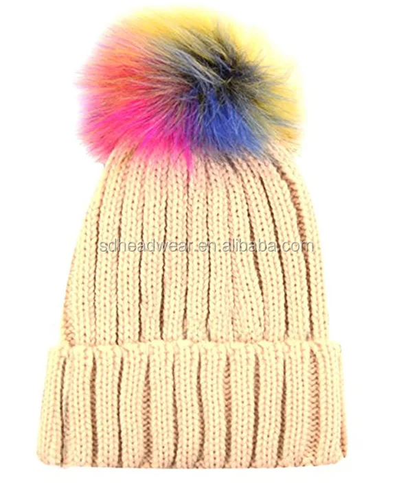 Womens chunky White Multi Cable Knit Beanie Hat with Brown Faux Fur Pompom