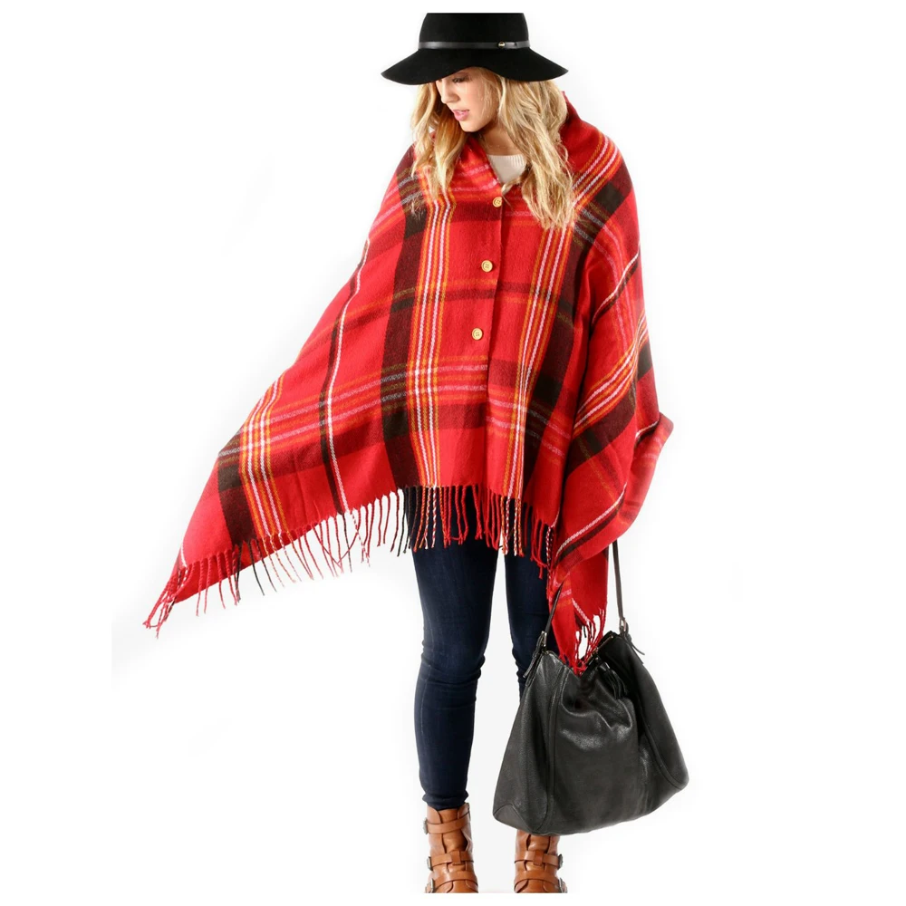 
plaid classic fringe button hot selling ladies cape poncho 
