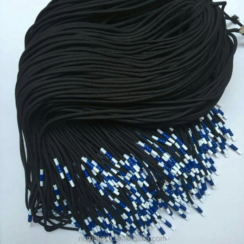
Черные круглые полиэфирные или хлопковые шнурки для обуви с синими и белыми силиконовыми наконечниками 