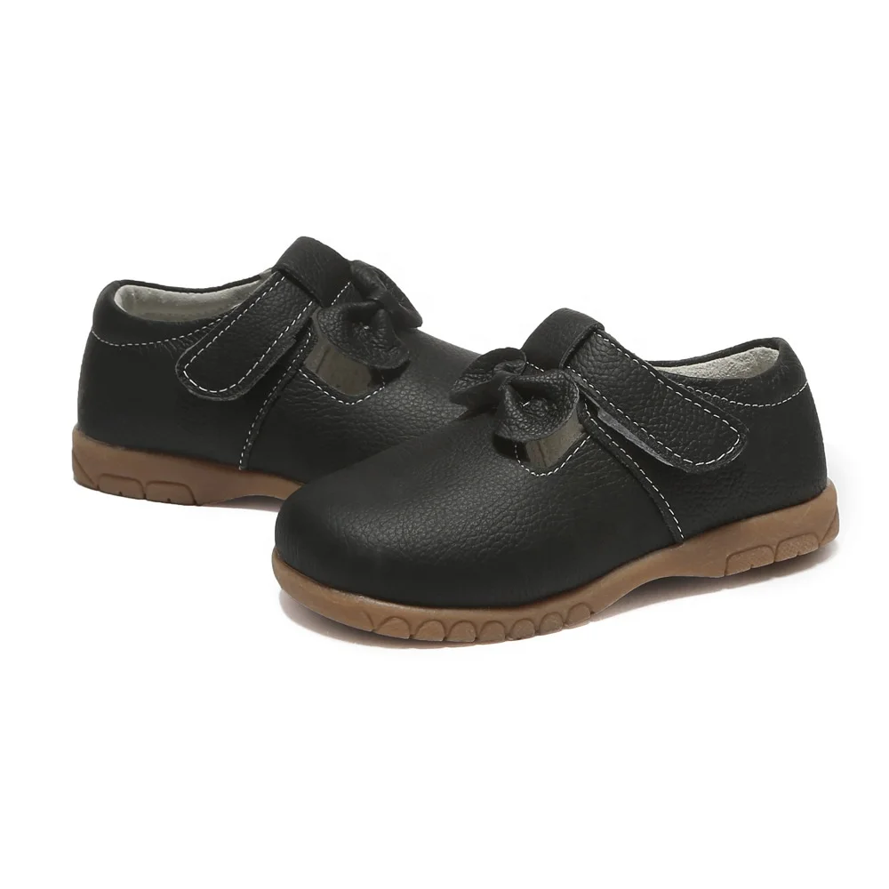 SandQ plain black  Genuine little  T-bar girls dress shoes with bow