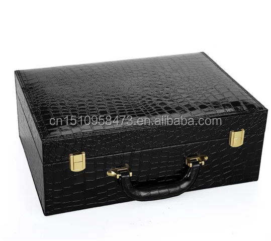 High end travelling wooden box leather cover suitcase with golden handle