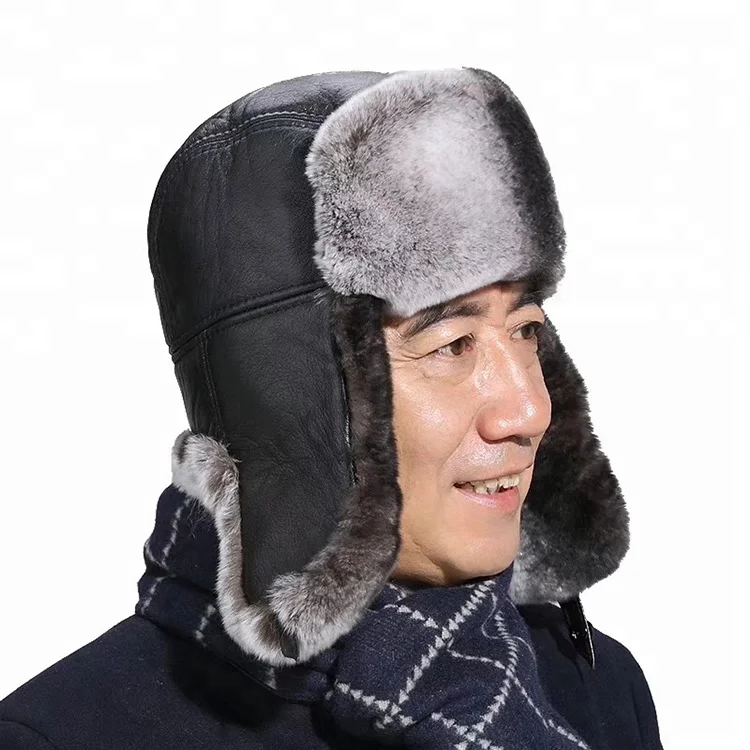 Russian style warming winter rex rabbit fur with real sheepskin  hat ear cuff earflap hat