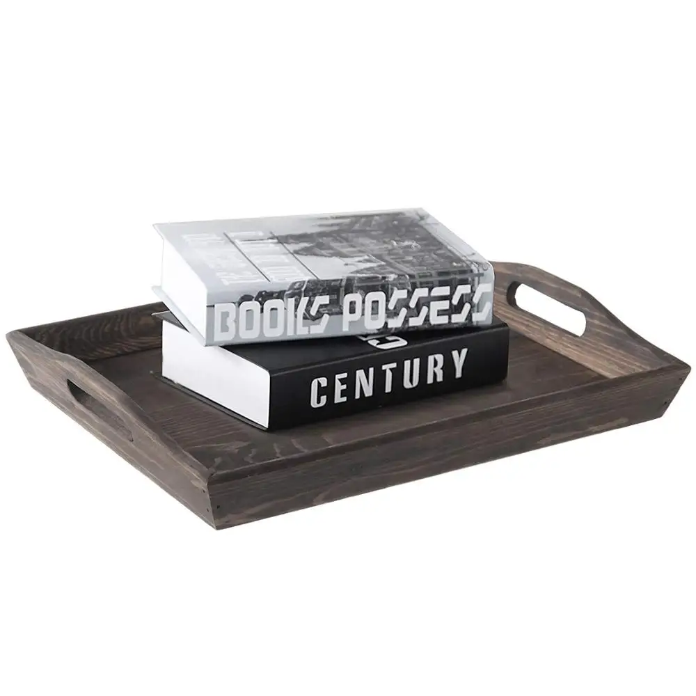 
Rustic Coffee Brown 16-inch Wooden Breakfast Serving Tray with Oval Cutout Handles 