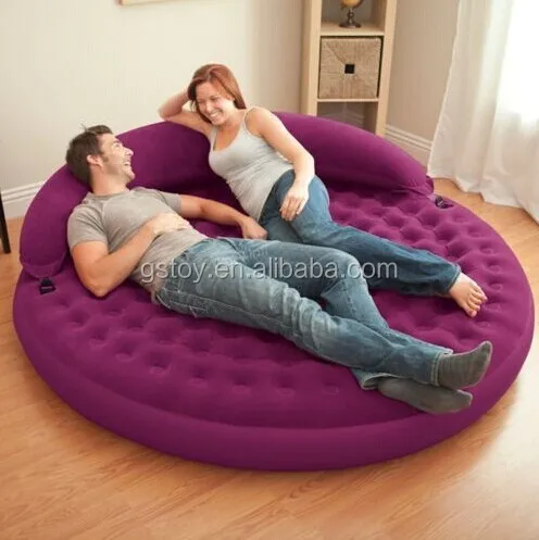 adult inflatable flocked round double air mattress with pillow