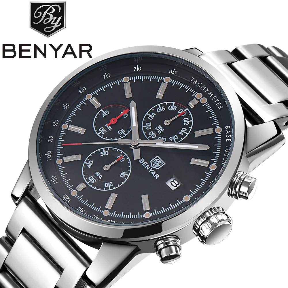 BENYAR Brand Watch Chronograph Sport stainless steel band alloy case Men Quartz Date Watches
