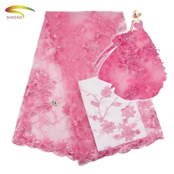 Guangzhou Rose Red Flower embroidery Textile lace fabric for Fashion Dresses