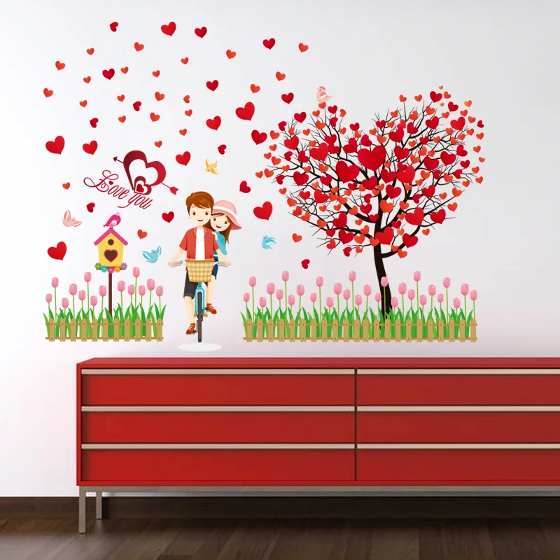 SK9207 New design love tree red loving heart bicycle lover wall sticker home decorative removable