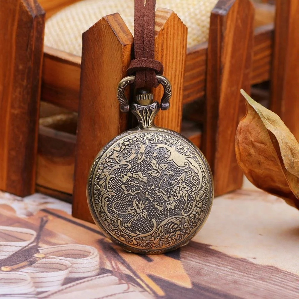Старинный кожаный шнур Античная Ретро бронза Роза дизайн круглый кулон карманные часы
