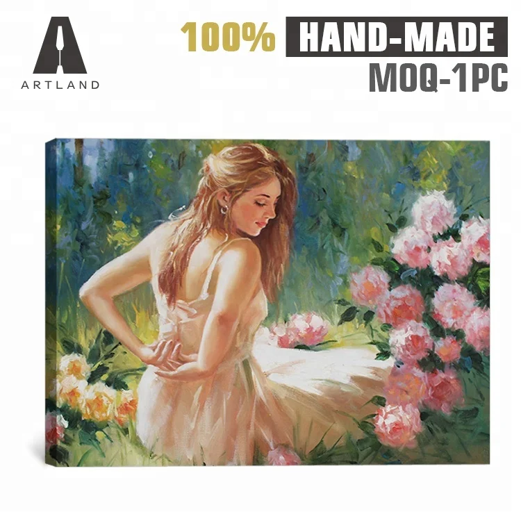 Wall art portrait of beautiful sexy girl with flower painting on canvas