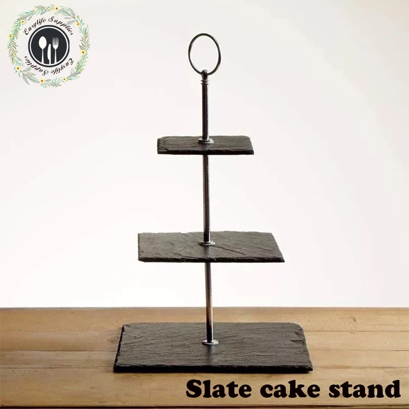 food grade natural stone 3 tier square slate cake stand for party